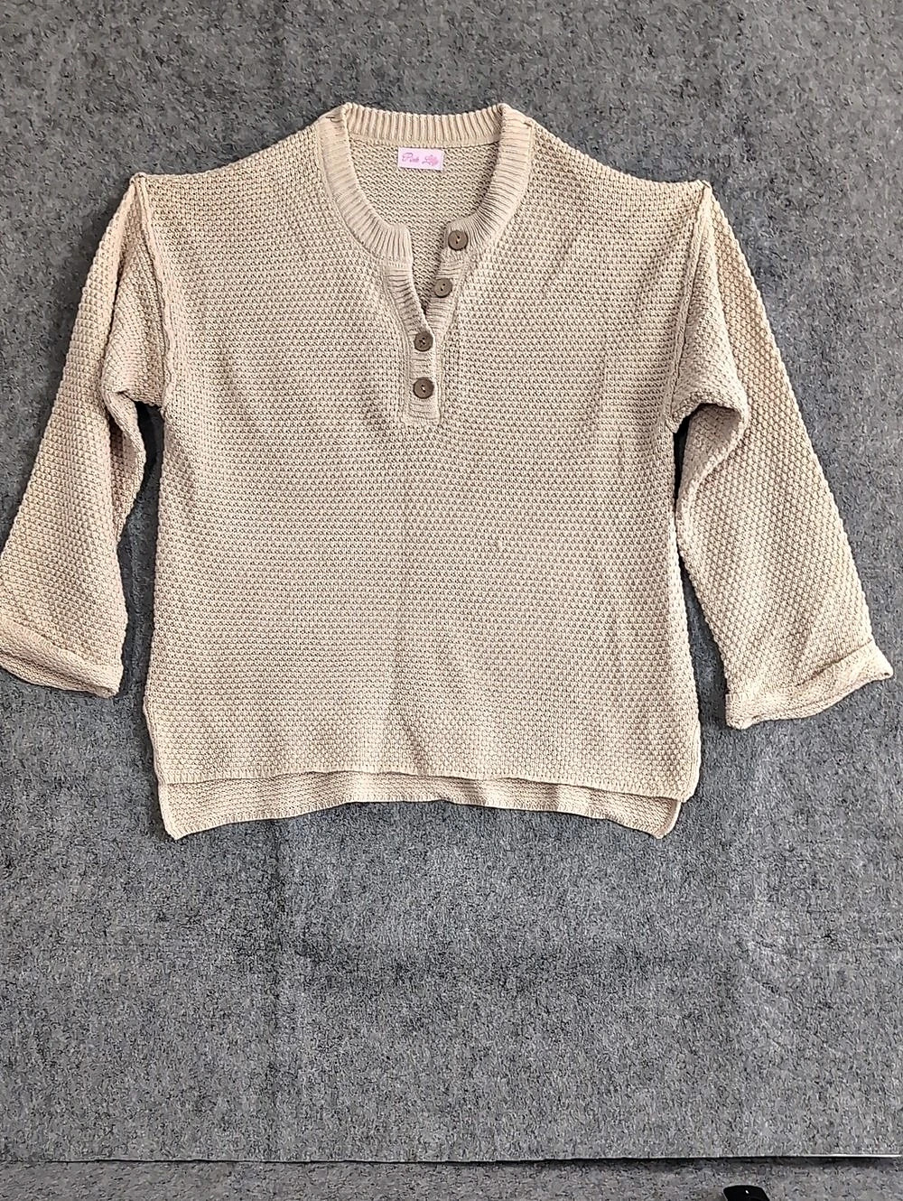 Pink Lily Casey Cream Henley Pullover Knit Sweater Beige Small